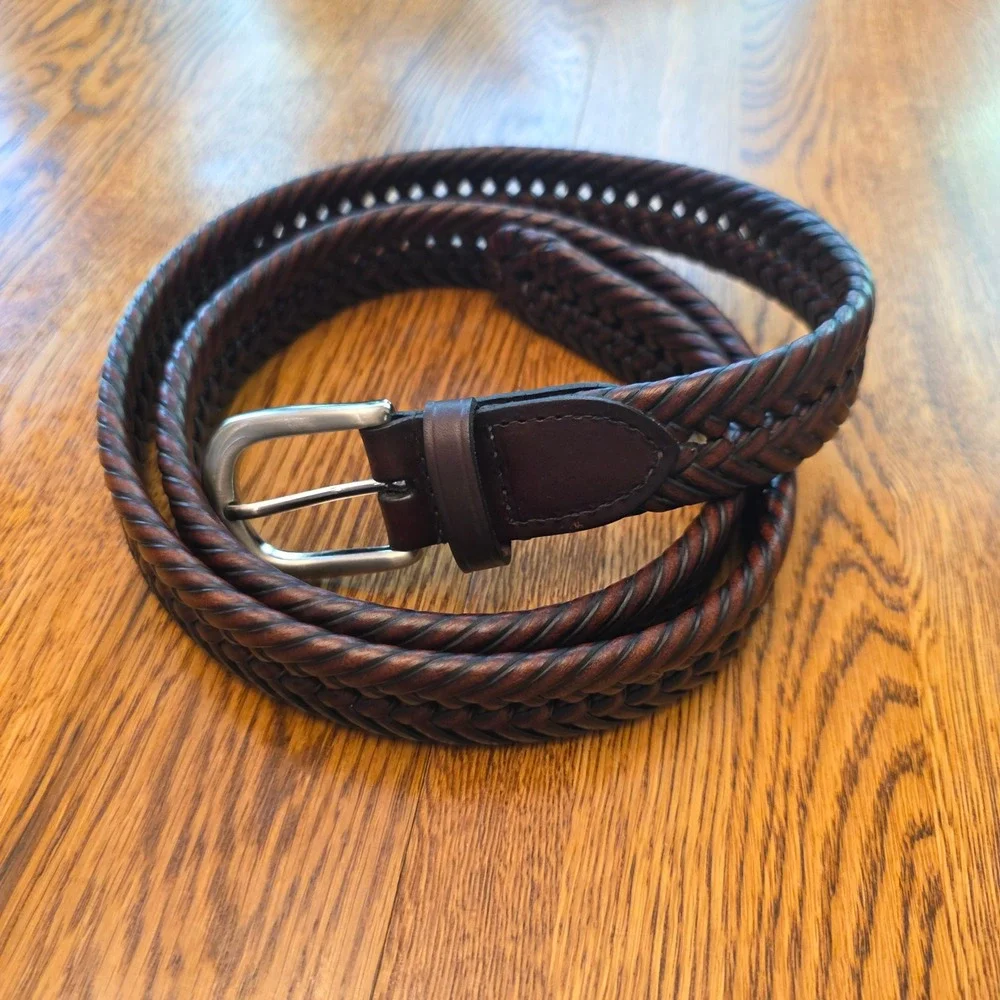 Mens Size 44 Adjustable Brown Genuine Leather Braided Woven Belt Silver Buckle